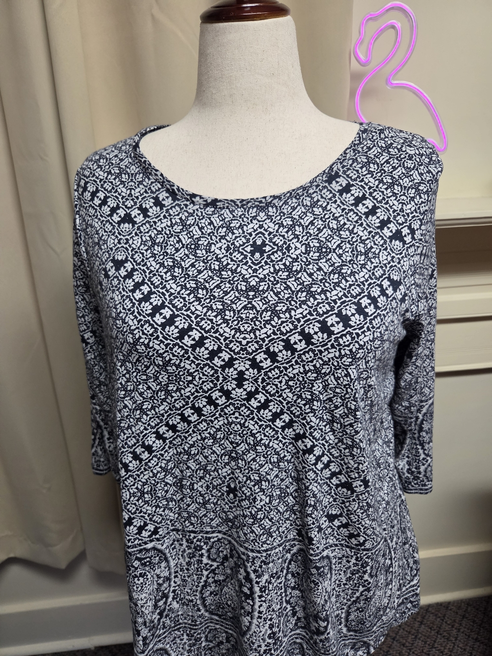 Lucky Brand Navy and White Printed Scoop Neck Long Sleeve Top